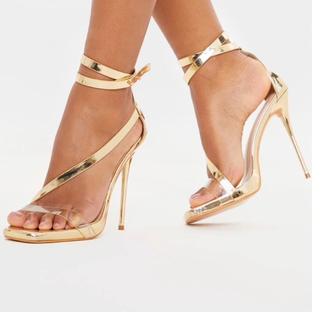 Gold Square Toe Asymmetric Heels